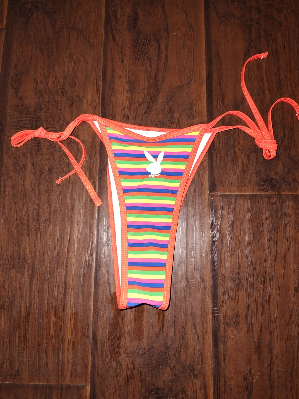Rainbow Stripe Playboy Tie-Side Bikini Bottom Thong with Orange Trim